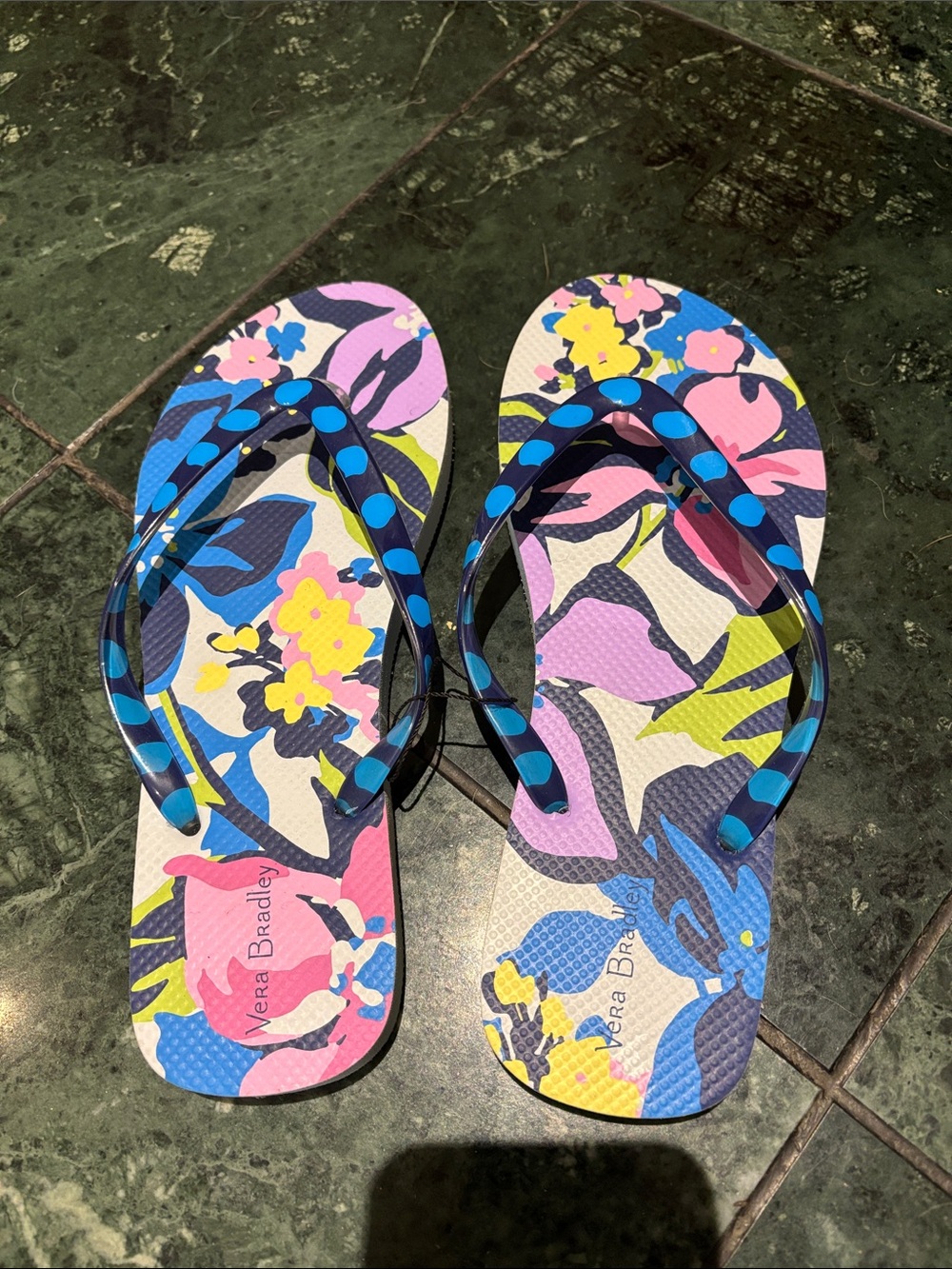 Vera Bradley Floral Flip Flops with Blue Polka-Dot Straps size 7-8